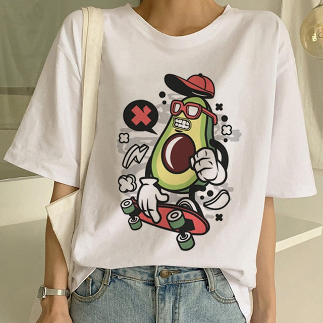 Cartoon Avocado Vegan Short Sleeve Cute T-shirt Womens Small Fresh Casual T Shirt Harajuku Ullzang Tshirt Fashion Top Tee Female