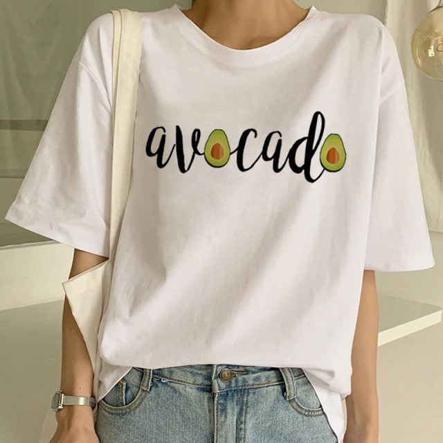 Cartoon Avocado Vegan Short Sleeve Cute T-shirt Womens Small Fresh Casual T Shirt Harajuku Ullzang Tshirt Fashion Top Tee Female