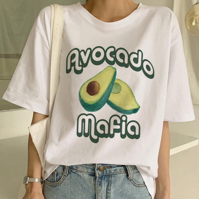 Cartoon Avocado Vegan Short Sleeve Cute T-shirt Womens Small Fresh Casual T Shirt Harajuku Ullzang Tshirt Fashion Top Tee Female