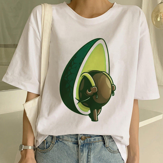 Cartoon Avocado Vegan Short Sleeve Cute T-shirt Womens Small Fresh Casual T Shirt Harajuku Ullzang Tshirt Fashion Top Tee Female