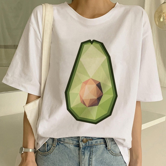 Cartoon Avocado Vegan Short Sleeve Cute T-shirt Womens Small Fresh Casual T Shirt Harajuku Ullzang Tshirt Fashion Top Tee Female