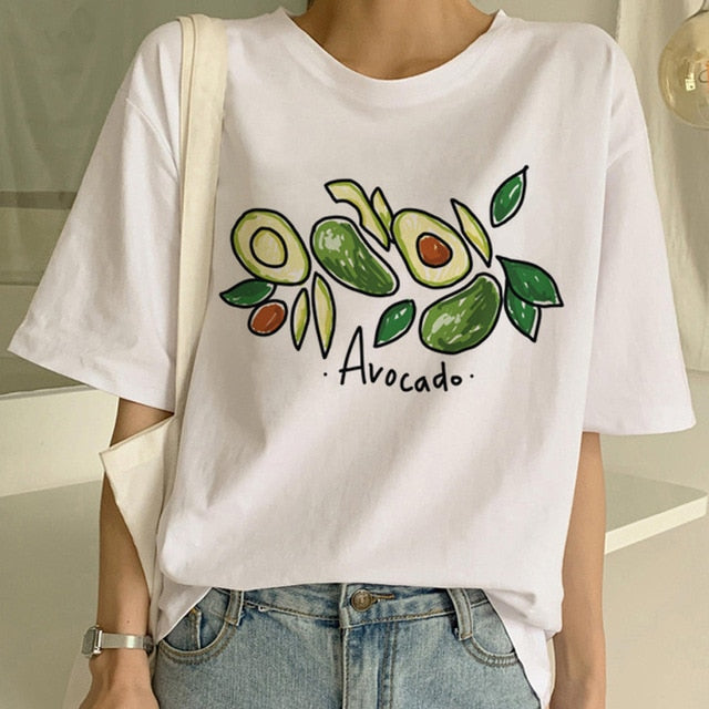 Cartoon Avocado Vegan Short Sleeve Cute T-shirt Womens Small Fresh Casual T Shirt Harajuku Ullzang Tshirt Fashion Top Tee Female