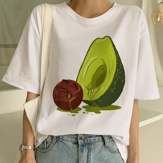 Cartoon Avocado Vegan Short Sleeve Cute T-shirt Womens Small Fresh Casual T Shirt Harajuku Ullzang Tshirt Fashion Top Tee Female