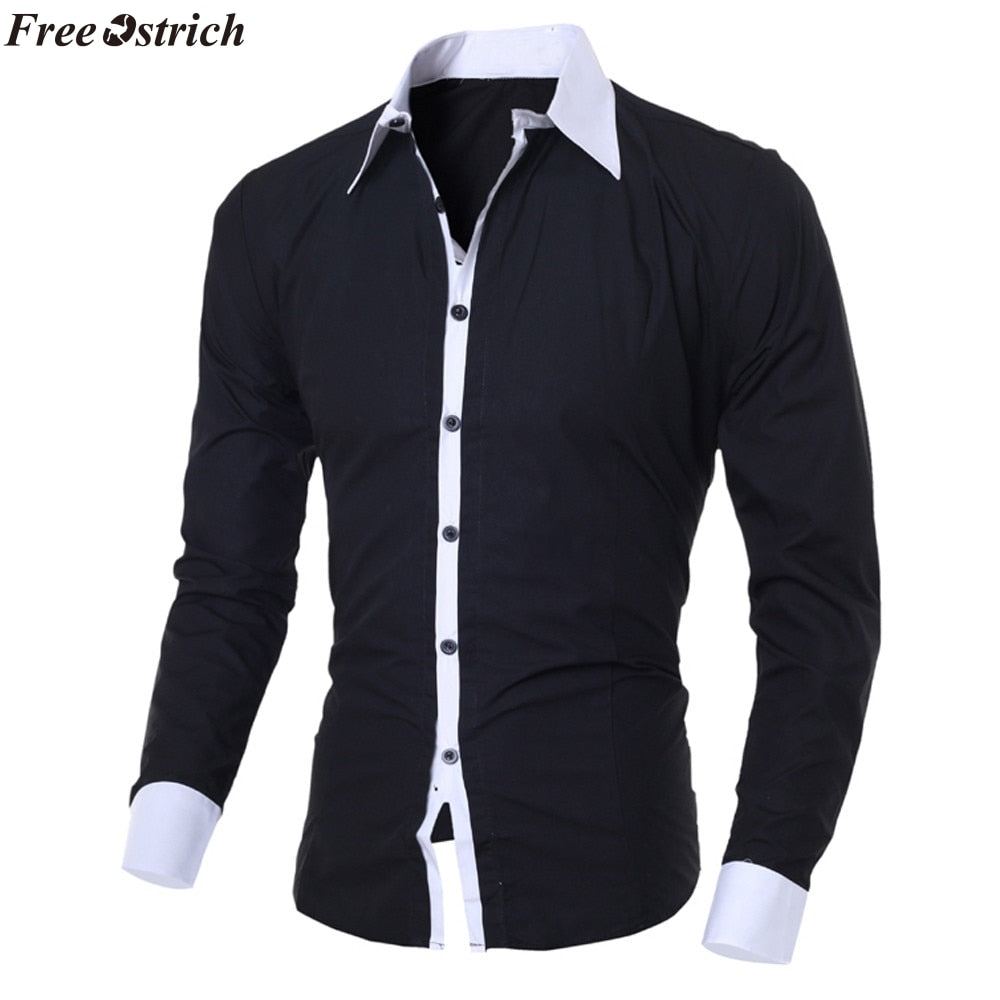 FREE OSTRICH Men's Shirts Fashion Personality Mens Casual Slim Long-sleeved Shirt Top Blouse Black White Men Shirt style 2019