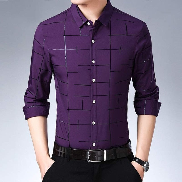 2019 brand casual plaid luxury plus size long sleeve slim fit men shirt spring social dress shirts mens fashions jersey 41607