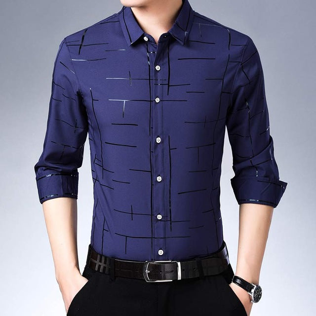 2019 brand casual plaid luxury plus size long sleeve slim fit men shirt spring social dress shirts mens fashions jersey 41607