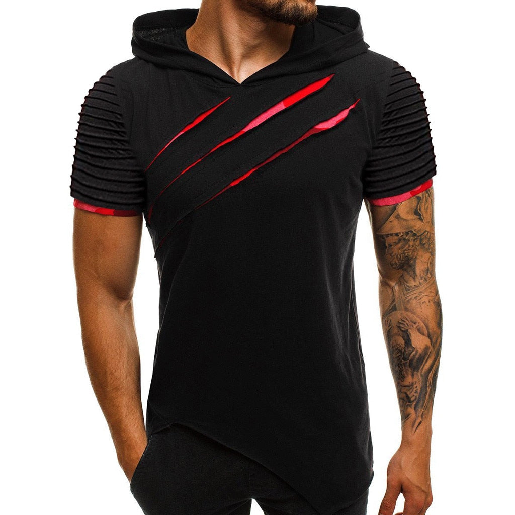 Fashion Men's Hooded Scratch T-shirt Summer Pattern Casual Gyms Fitness Comfortable Men's Shirt Men's clothing camisetas hombre