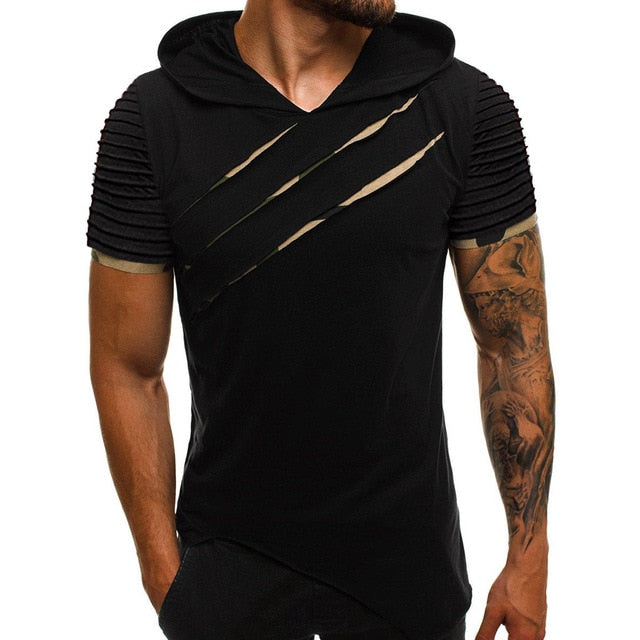 Fashion Men's Hooded Scratch T-shirt Summer Pattern Casual Gyms Fitness Comfortable Men's Shirt Men's clothing camisetas hombre