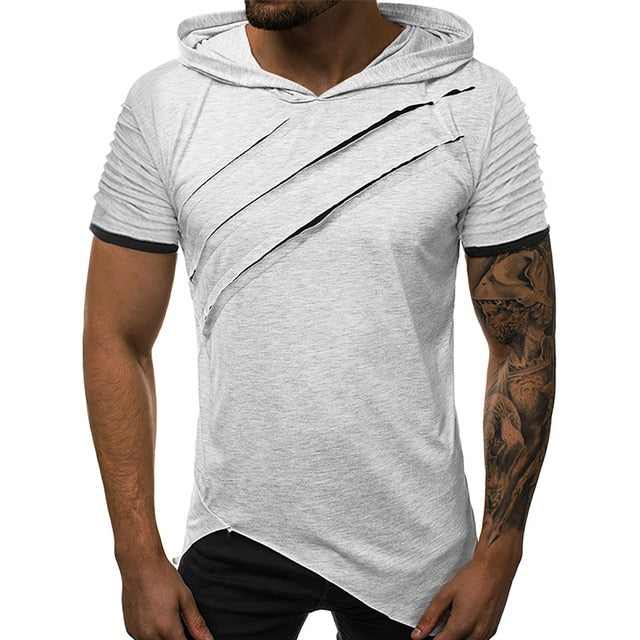 Fashion Men's Hooded Scratch T-shirt Summer Pattern Casual Gyms Fitness Comfortable Men's Shirt Men's clothing camisetas hombre