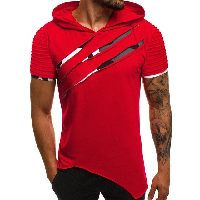 Fashion Men's Hooded Scratch T-shirt Summer Pattern Casual Gyms Fitness Comfortable Men's Shirt Men's clothing camisetas hombre