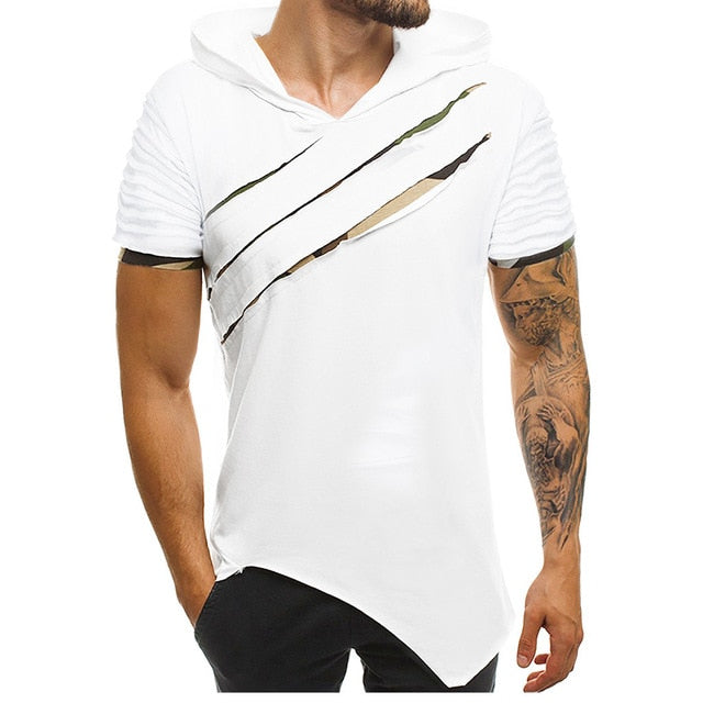 Fashion Men's Hooded Scratch T-shirt Summer Pattern Casual Gyms Fitness Comfortable Men's Shirt Men's clothing camisetas hombre