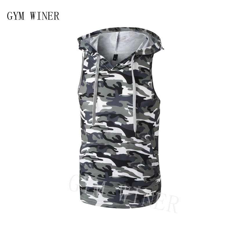 New Men Bodybuilding Tank Tops Gyms Fitness Workout Sleeveless Hoodies Man Casual Camouflage Hooded Vest Male Camo Clothing