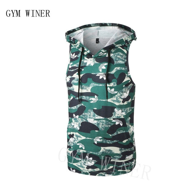 New Men Bodybuilding Tank Tops Gyms Fitness Workout Sleeveless Hoodies Man Casual Camouflage Hooded Vest Male Camo Clothing