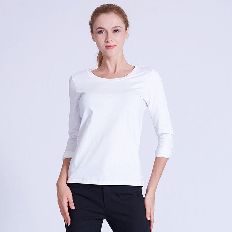 PREISEI White PIMA Cotton T Shirt Women Long Sleeve Plus Size Spring Autumn O-Neck Tshirt Casual Simple T-shirt Tee Tops PR201W