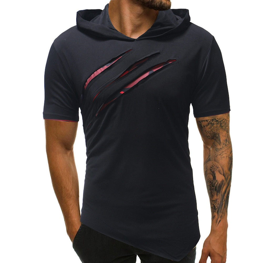 T Shirt Fashion Personality Men's Pure Color Tearing Hoodie Sport Short Sleeve Shirt Tops Fitness Gyms Tee tshirt M-3XL