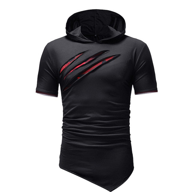 T Shirt Fashion Personality Men's Pure Color Tearing Hoodie Sport Short Sleeve Shirt Tops Fitness Gyms Tee tshirt M-3XL