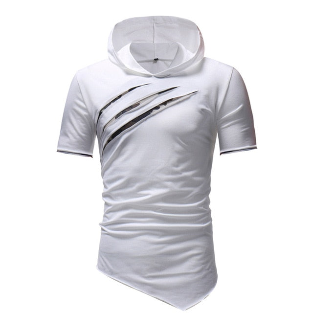 T Shirt Fashion Personality Men's Pure Color Tearing Hoodie Sport Short Sleeve Shirt Tops Fitness Gyms Tee tshirt M-3XL