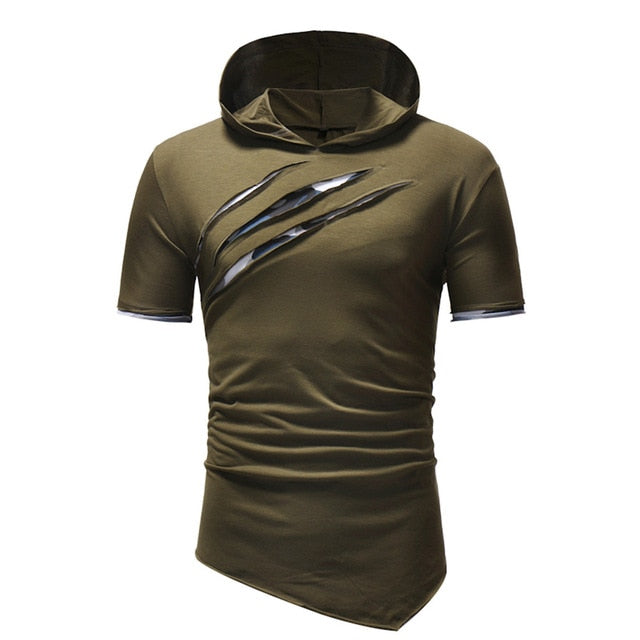 T Shirt Fashion Personality Men's Pure Color Tearing Hoodie Sport Short Sleeve Shirt Tops Fitness Gyms Tee tshirt M-3XL