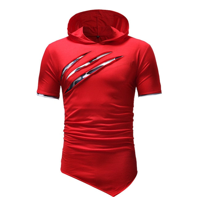 T Shirt Fashion Personality Men's Pure Color Tearing Hoodie Sport Short Sleeve Shirt Tops Fitness Gyms Tee tshirt M-3XL