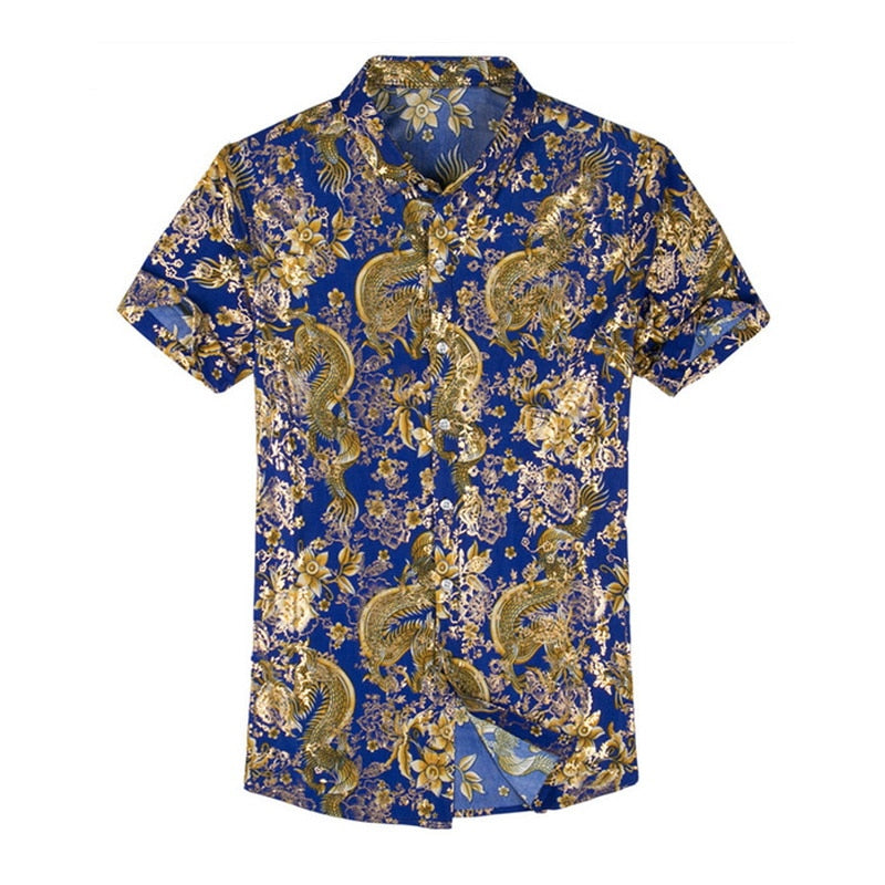 Casual 80% Silk Shirt Men Short Sleeve Both Sides Print Chinese Dragon Nation Flower 2019 Beach Summer Clothes