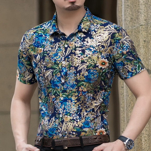 Casual 80% Silk Shirt Men Short Sleeve Both Sides Print Chinese Dragon Nation Flower 2019 Beach Summer Clothes