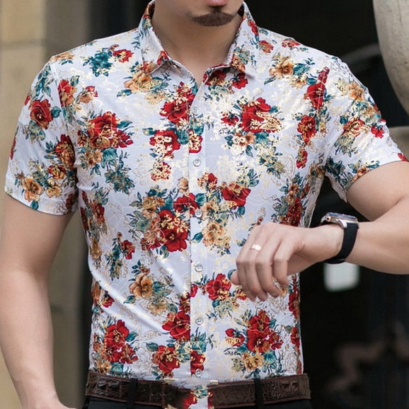 Casual 80% Silk Shirt Men Short Sleeve Both Sides Print Chinese Dragon Nation Flower 2019 Beach Summer Clothes