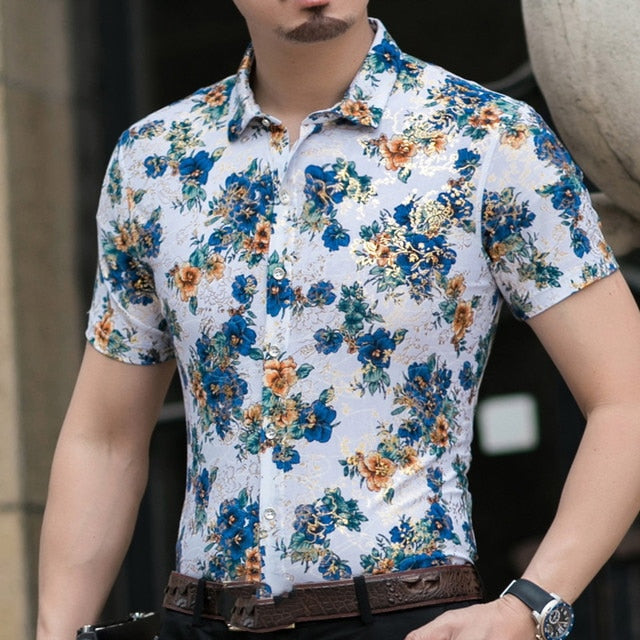 Casual 80% Silk Shirt Men Short Sleeve Both Sides Print Chinese Dragon Nation Flower 2019 Beach Summer Clothes