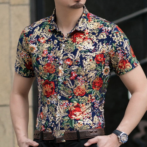 Casual 80% Silk Shirt Men Short Sleeve Both Sides Print Chinese Dragon Nation Flower 2019 Beach Summer Clothes