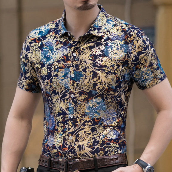 Casual 80% Silk Shirt Men Short Sleeve Both Sides Print Chinese Dragon Nation Flower 2019 Beach Summer Clothes