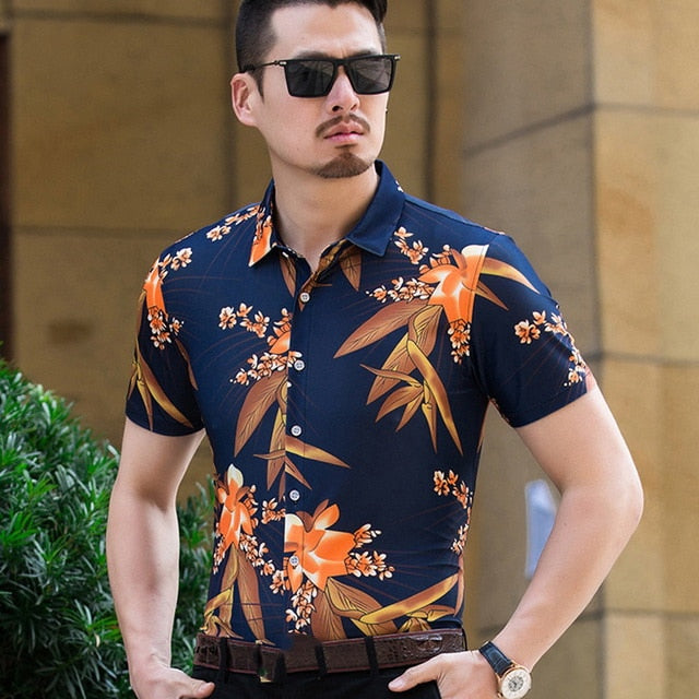 Casual 80% Silk Shirt Men Short Sleeve Both Sides Print Chinese Dragon Nation Flower 2019 Beach Summer Clothes