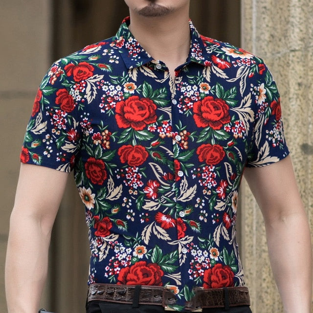 Casual 80% Silk Shirt Men Short Sleeve Both Sides Print Chinese Dragon Nation Flower 2019 Beach Summer Clothes