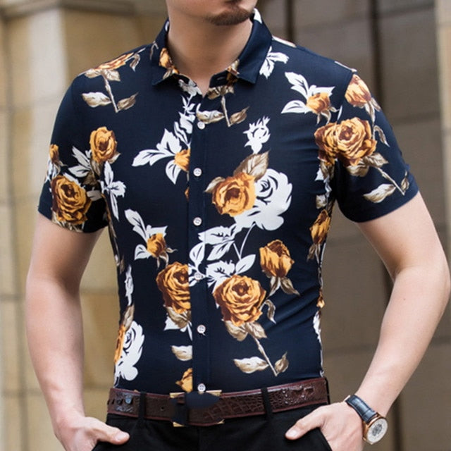 Casual 80% Silk Shirt Men Short Sleeve Both Sides Print Chinese Dragon Nation Flower 2019 Beach Summer Clothes