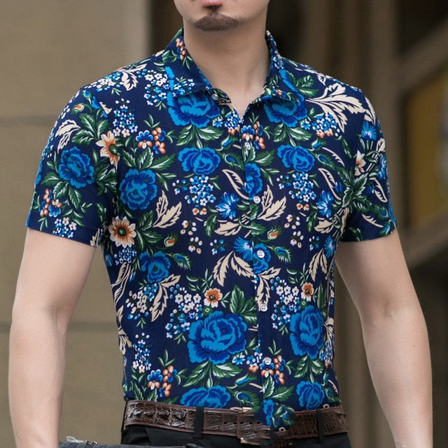 Casual 80% Silk Shirt Men Short Sleeve Both Sides Print Chinese Dragon Nation Flower 2019 Beach Summer Clothes