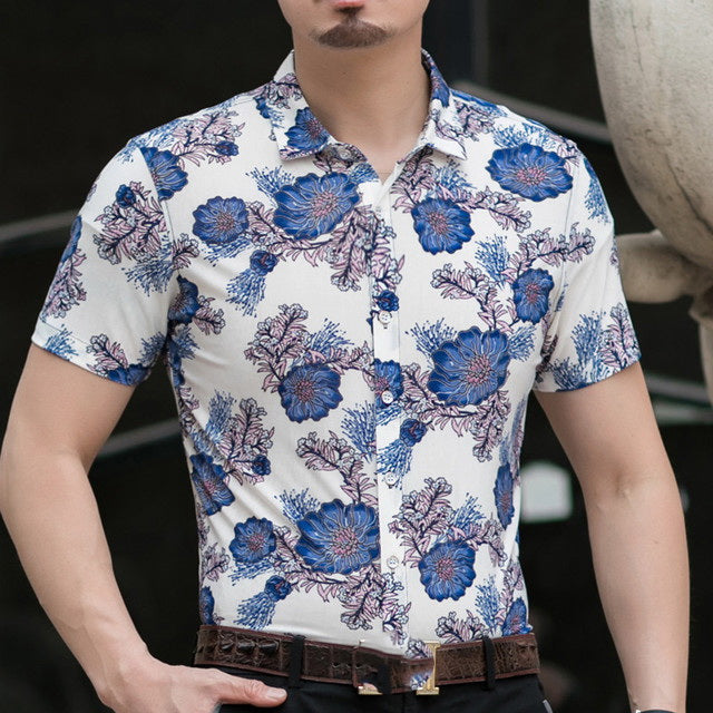 Casual 80% Silk Shirt Men Short Sleeve Both Sides Print Chinese Dragon Nation Flower 2019 Beach Summer Clothes