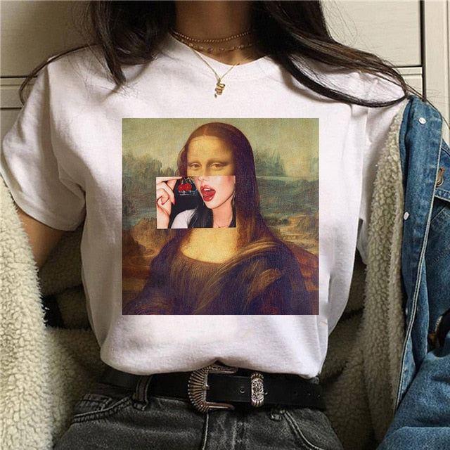 Mona Lisa Aesthetic Harajuku T Shirt Women Ullzang Vintage Graphic T-shirt Funny Cartoon 90s Tshirt Korean Style Top Tees Female