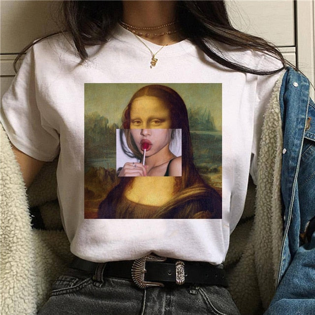 Mona Lisa Aesthetic Harajuku T Shirt Women Ullzang Vintage Graphic T-shirt Funny Cartoon 90s Tshirt Korean Style Top Tees Female