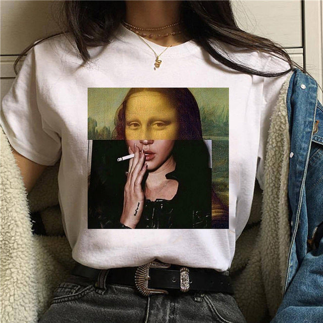 Mona Lisa Aesthetic Harajuku T Shirt Women Ullzang Vintage Graphic T-shirt Funny Cartoon 90s Tshirt Korean Style Top Tees Female