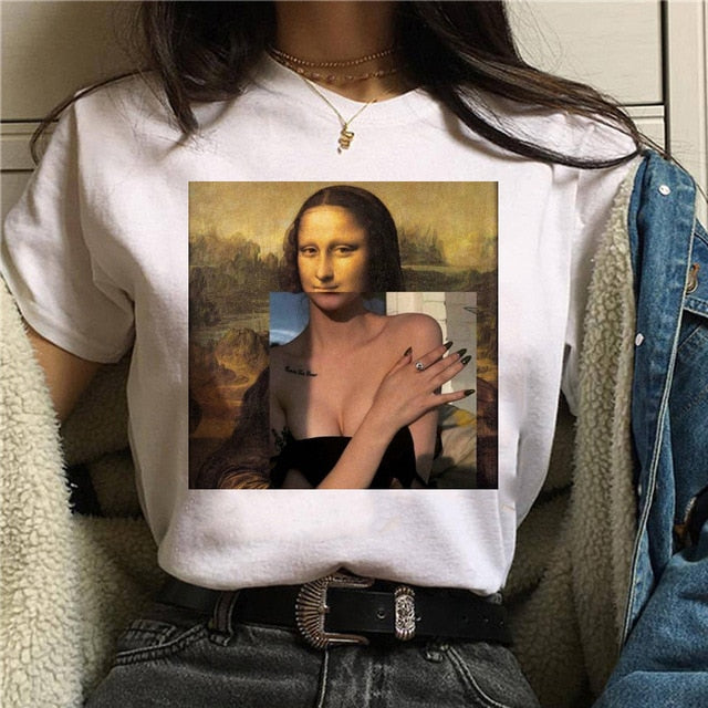 Mona Lisa Aesthetic Harajuku T Shirt Women Ullzang Vintage Graphic T-shirt Funny Cartoon 90s Tshirt Korean Style Top Tees Female