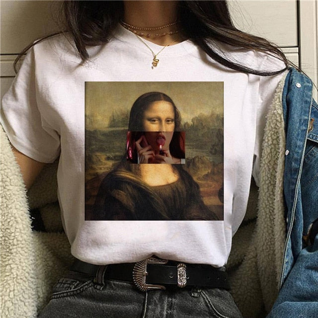 Mona Lisa Aesthetic Harajuku T Shirt Women Ullzang Vintage Graphic T-shirt Funny Cartoon 90s Tshirt Korean Style Top Tees Female