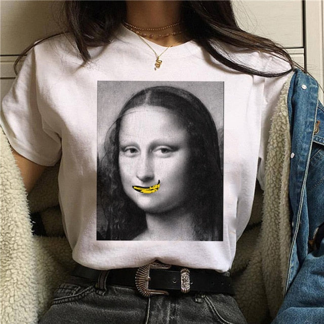 Mona Lisa Aesthetic Harajuku T Shirt Women Ullzang Vintage Graphic T-shirt Funny Cartoon 90s Tshirt Korean Style Top Tees Female