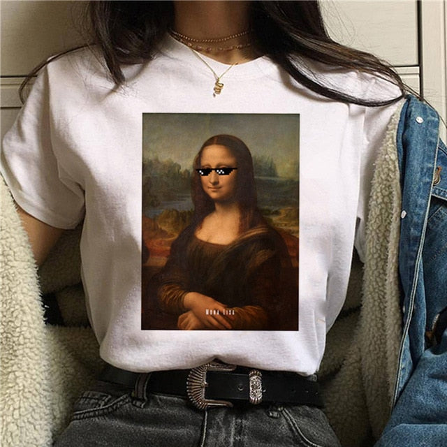 Mona Lisa Aesthetic Harajuku T Shirt Women Ullzang Vintage Graphic T-shirt Funny Cartoon 90s Tshirt Korean Style Top Tees Female