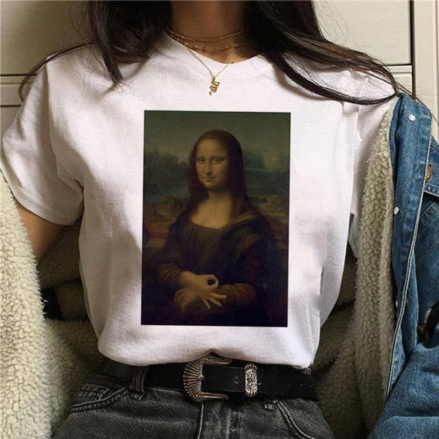 Mona Lisa Aesthetic Harajuku T Shirt Women Ullzang Vintage Graphic T-shirt Funny Cartoon 90s Tshirt Korean Style Top Tees Female