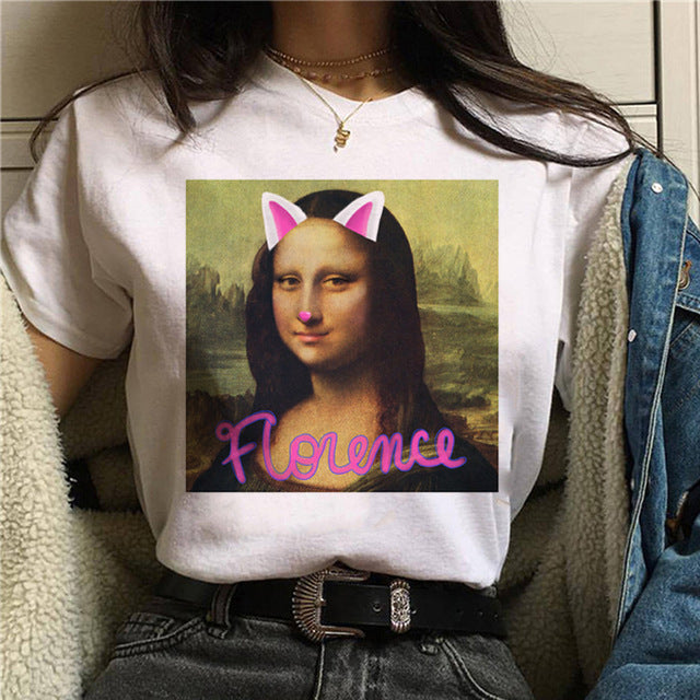 Mona Lisa Aesthetic Harajuku T Shirt Women Ullzang Vintage Graphic T-shirt Funny Cartoon 90s Tshirt Korean Style Top Tees Female