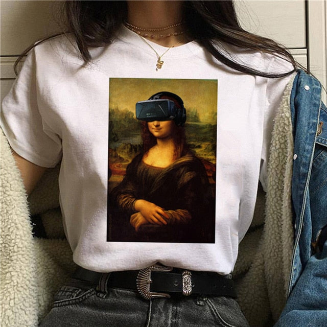 Mona Lisa Aesthetic Harajuku T Shirt Women Ullzang Vintage Graphic T-shirt Funny Cartoon 90s Tshirt Korean Style Top Tees Female