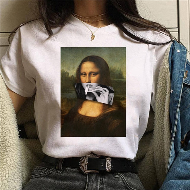 Mona Lisa Aesthetic Harajuku T Shirt Women Ullzang Vintage Graphic T-shirt Funny Cartoon 90s Tshirt Korean Style Top Tees Female