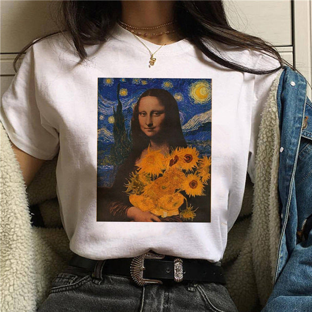 Mona Lisa Aesthetic Harajuku T Shirt Women Ullzang Vintage Graphic T-shirt Funny Cartoon 90s Tshirt Korean Style Top Tees Female