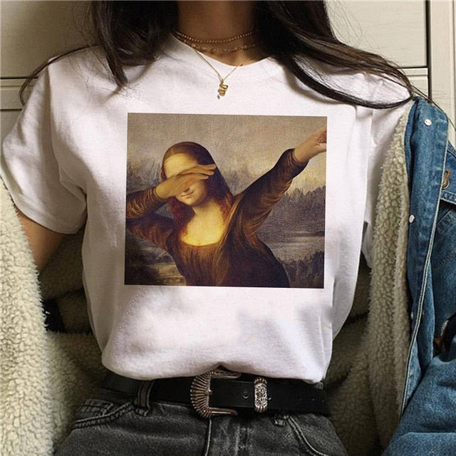 Mona Lisa Aesthetic Harajuku T Shirt Women Ullzang Vintage Graphic T-shirt Funny Cartoon 90s Tshirt Korean Style Top Tees Female