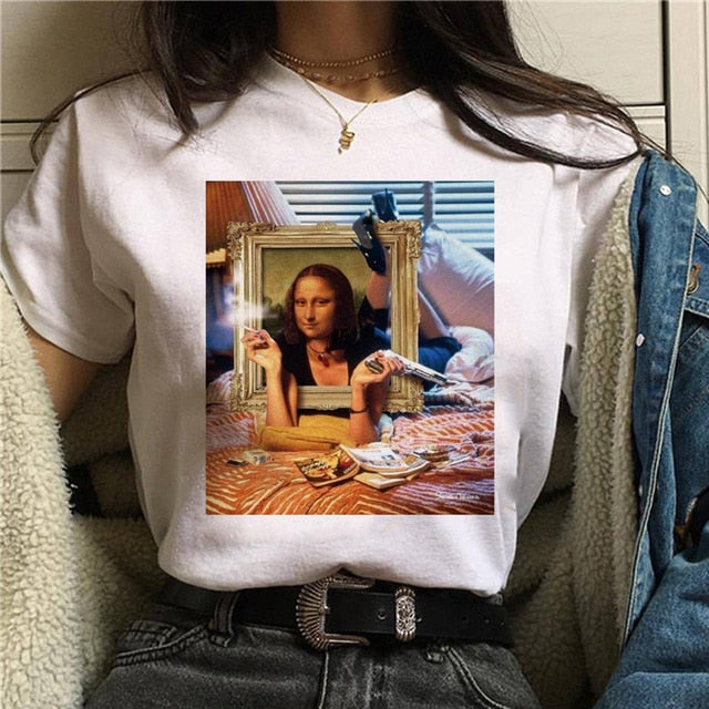 Mona Lisa Aesthetic Harajuku T Shirt Women Ullzang Vintage Graphic T-shirt Funny Cartoon 90s Tshirt Korean Style Top Tees Female