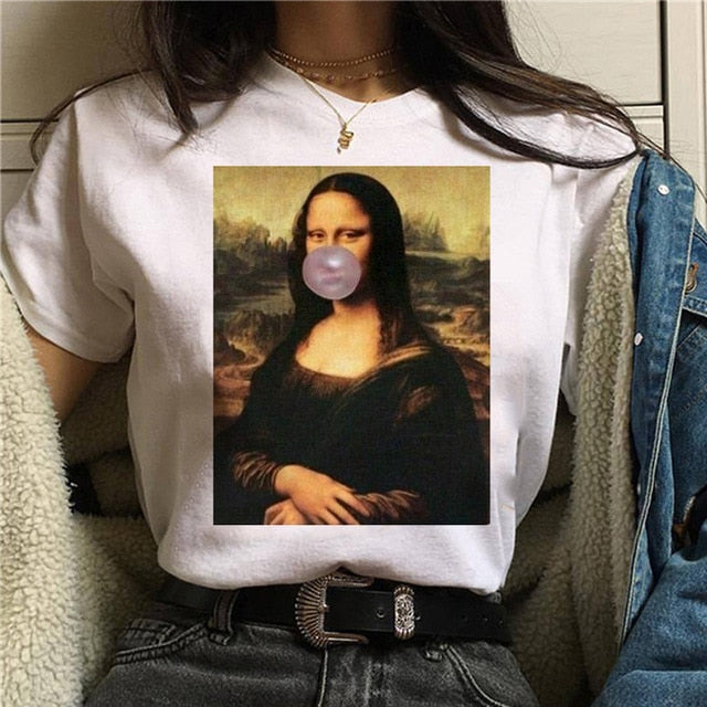 Mona Lisa Aesthetic Harajuku T Shirt Women Ullzang Vintage Graphic T-shirt Funny Cartoon 90s Tshirt Korean Style Top Tees Female