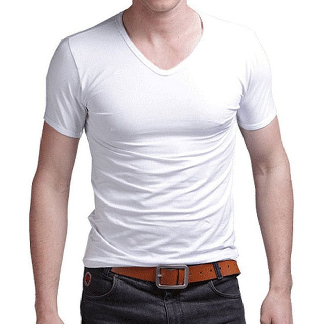 2019 Stretch Lycra V Collar Mens T Shirt Solid Color Short Sleeved T-Shirt For Male Men Tights Slim Tshirt